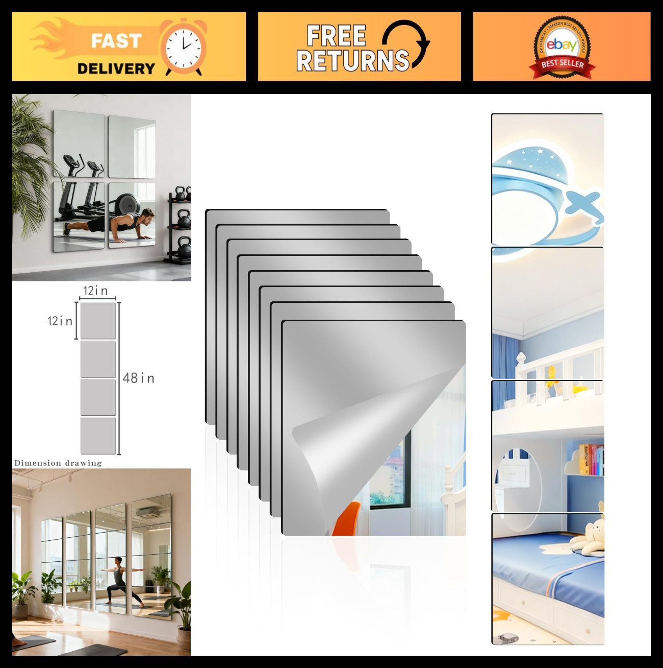8 Pack Self-Adhesive Acrylic Wall Mirrors, 12″x12″ Frameless Tiles for Home Gym