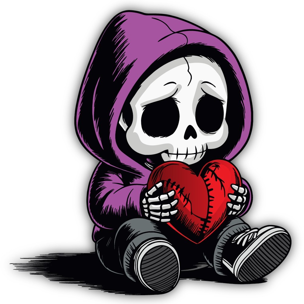 Sad Skeleton w/ Mended Broken Heart in Hands Purple Cut To Shape Vinyl Sticker