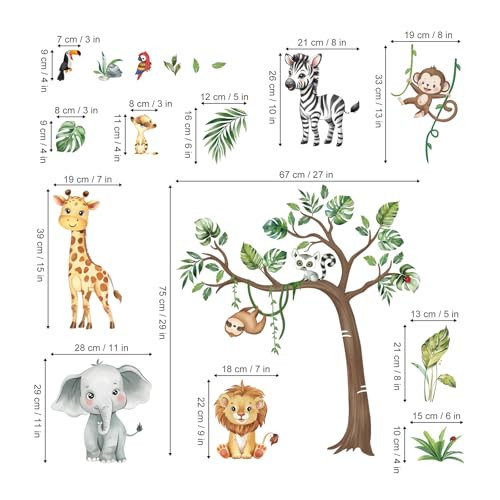Jungle Animals Tree Wall Decals Safari Lion Elephant Monkey Wall Stickers Kids