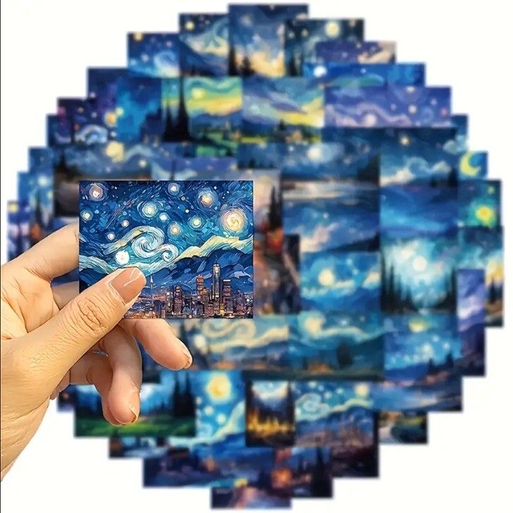 Van Gogh Starry Night Oil Painting Stickers 50pcs Crafts, Laptop, Scrapbooking