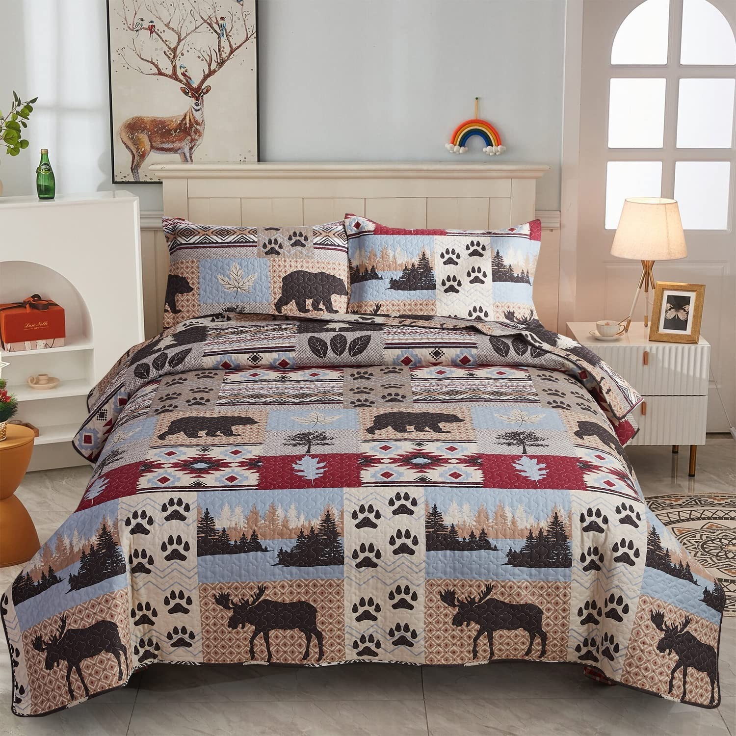 Rustic Quilt Queen/Full Size, Lodge Cabin Bedding Set Moose Bear Bedspread Co…