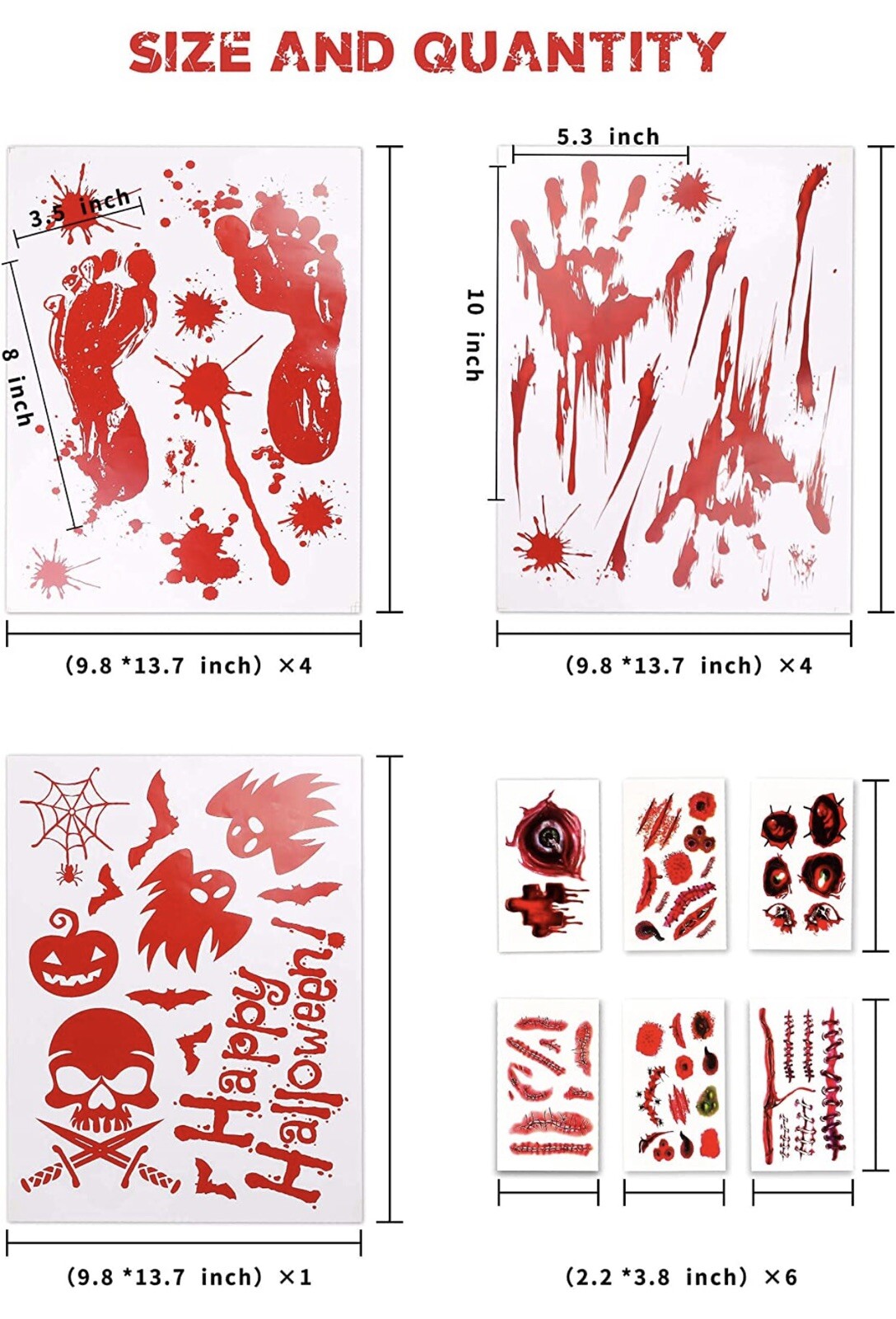 15 Sheets 133PCS Tattoo & Bloody Handprint Footprint Halloween Stickers