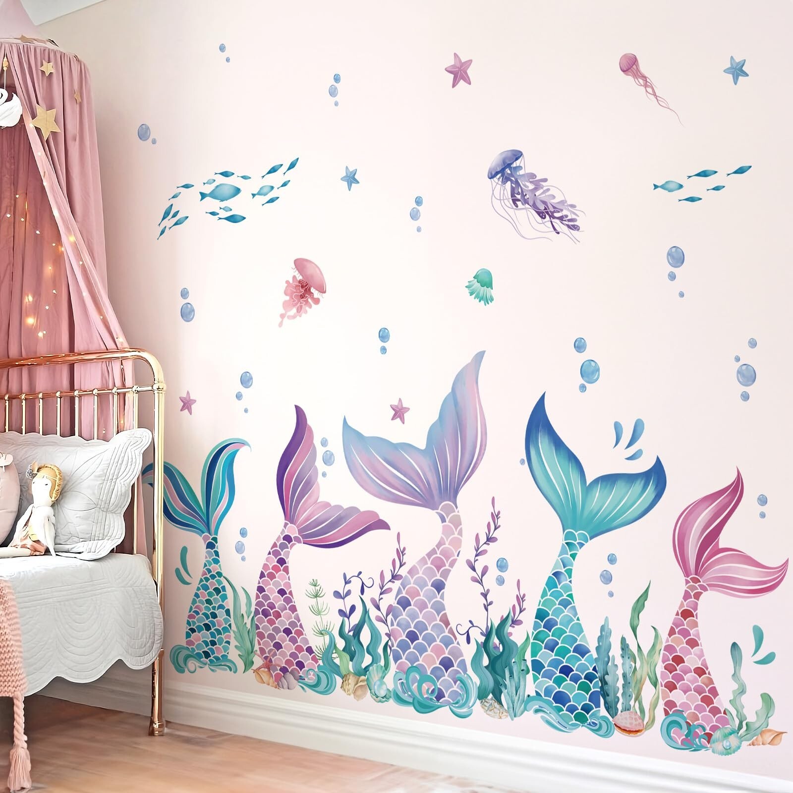 wondever Mermaid Tail Wall Stickers Under The Sea Mermaid Bubble Seaweed Peel…