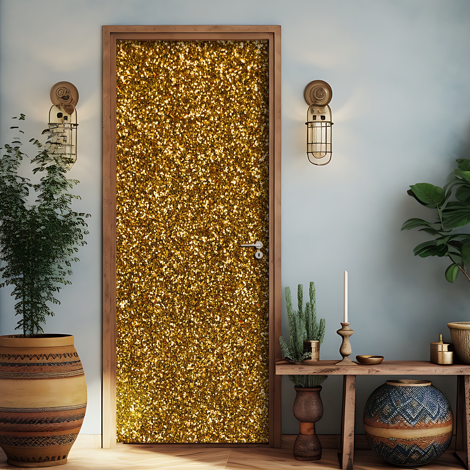 Golden Pattern Door Mural, Laminated Gold Sticker Wrap, Peel’n’Stick. 1 Piece