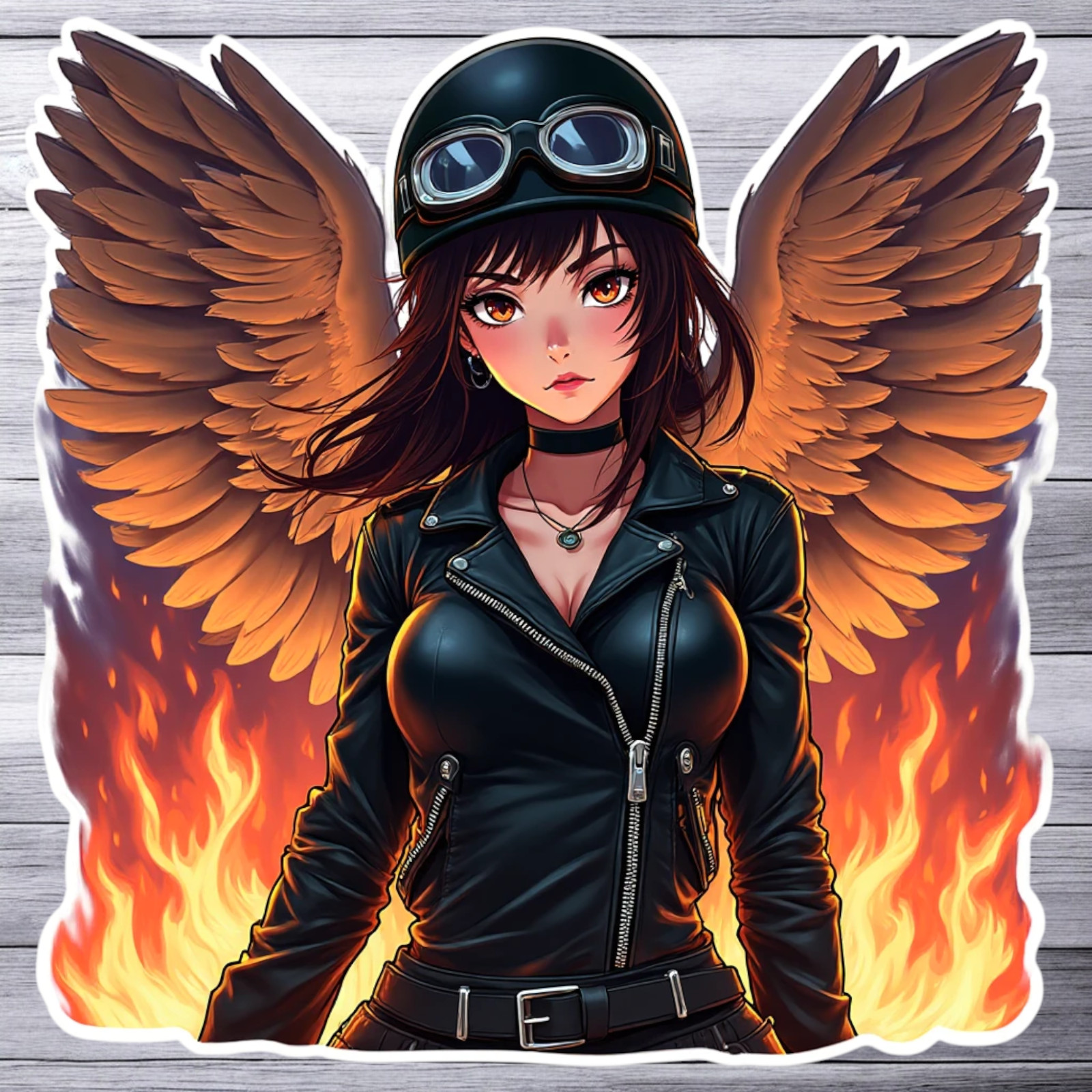 Pinup girl sticker vinyl decal biker leather jacket angel wings fire flames