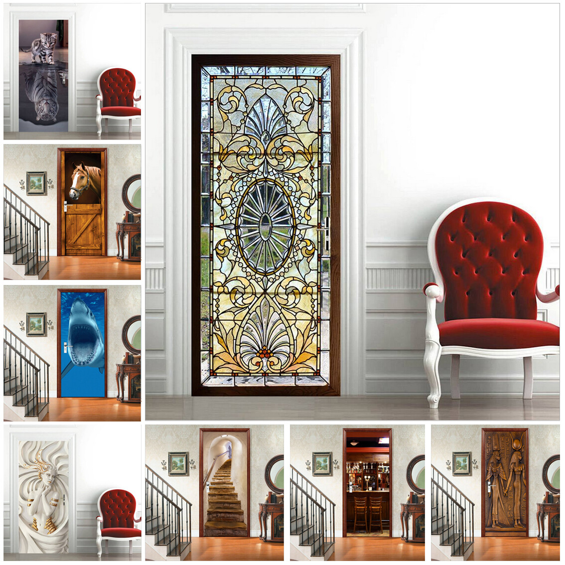 Stained Glass Murals Animals Door Sticker 3D Waterproof Wallpaper Wall Decals