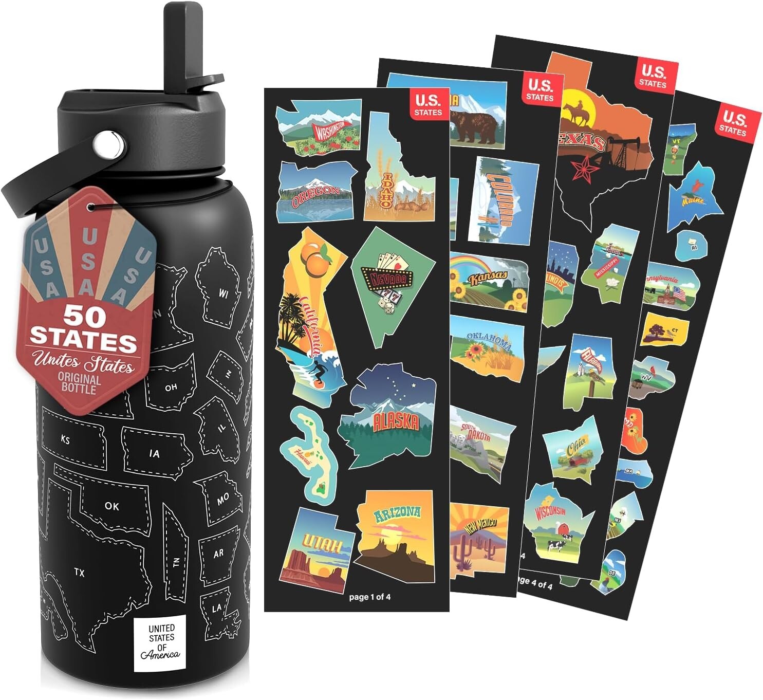United States Map Water Bottle With Waterproof Stickers Wrap Around