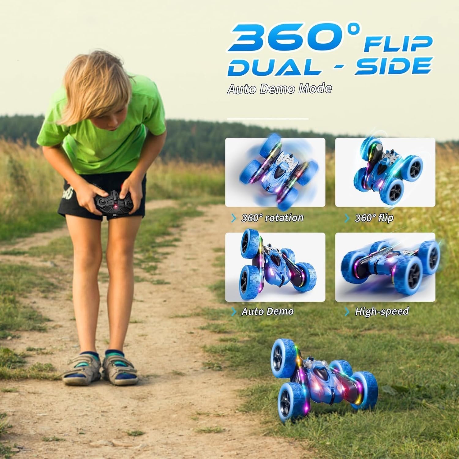 Remote Control Car, RC Cars Toys for Kids Ages 6-12, 4WD Stunt Car with LED Ligh