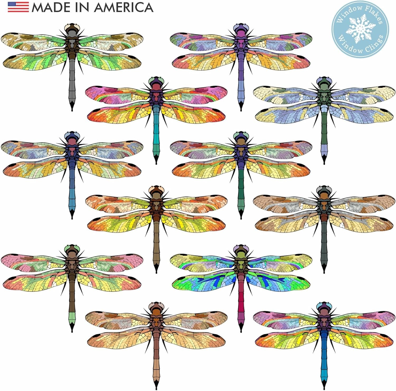 12 Piece Dragonfly Window Cling Decal Set for Bird Safety and Glass Collisions.