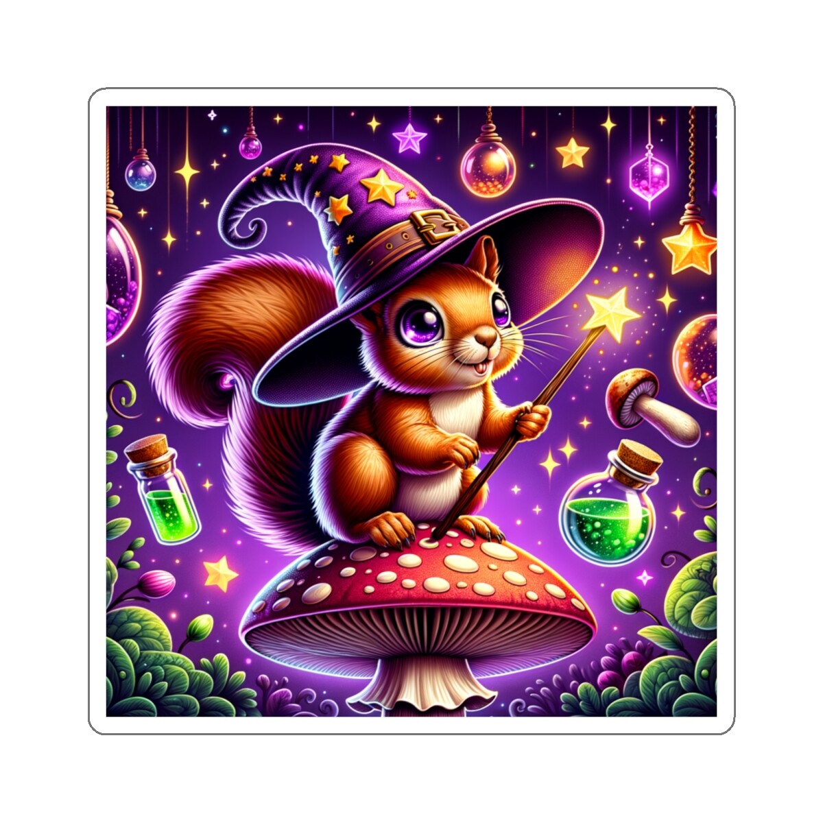 Sticker Whimsical Wizard Squirrel Artwork Fantasy 2×2 3×3 4×4 6×6