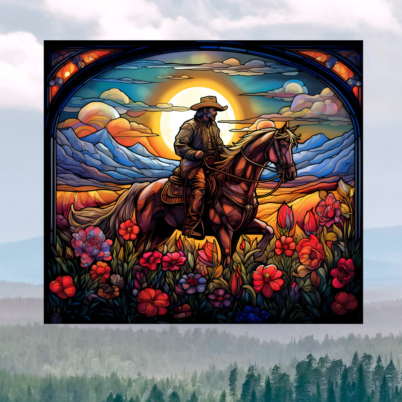 Cowboy on Horse at Sunset Faux Stained-Glass WINDOW CLING Size 9.1″ Vinyl
