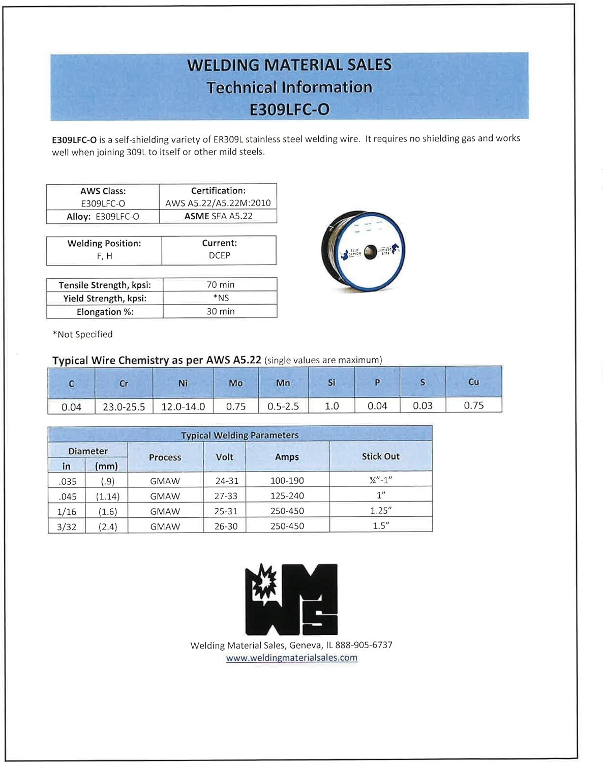309LFC-O X .035 X 1LB Spool Stainless Steel Flux Core Gasless Welding Wire