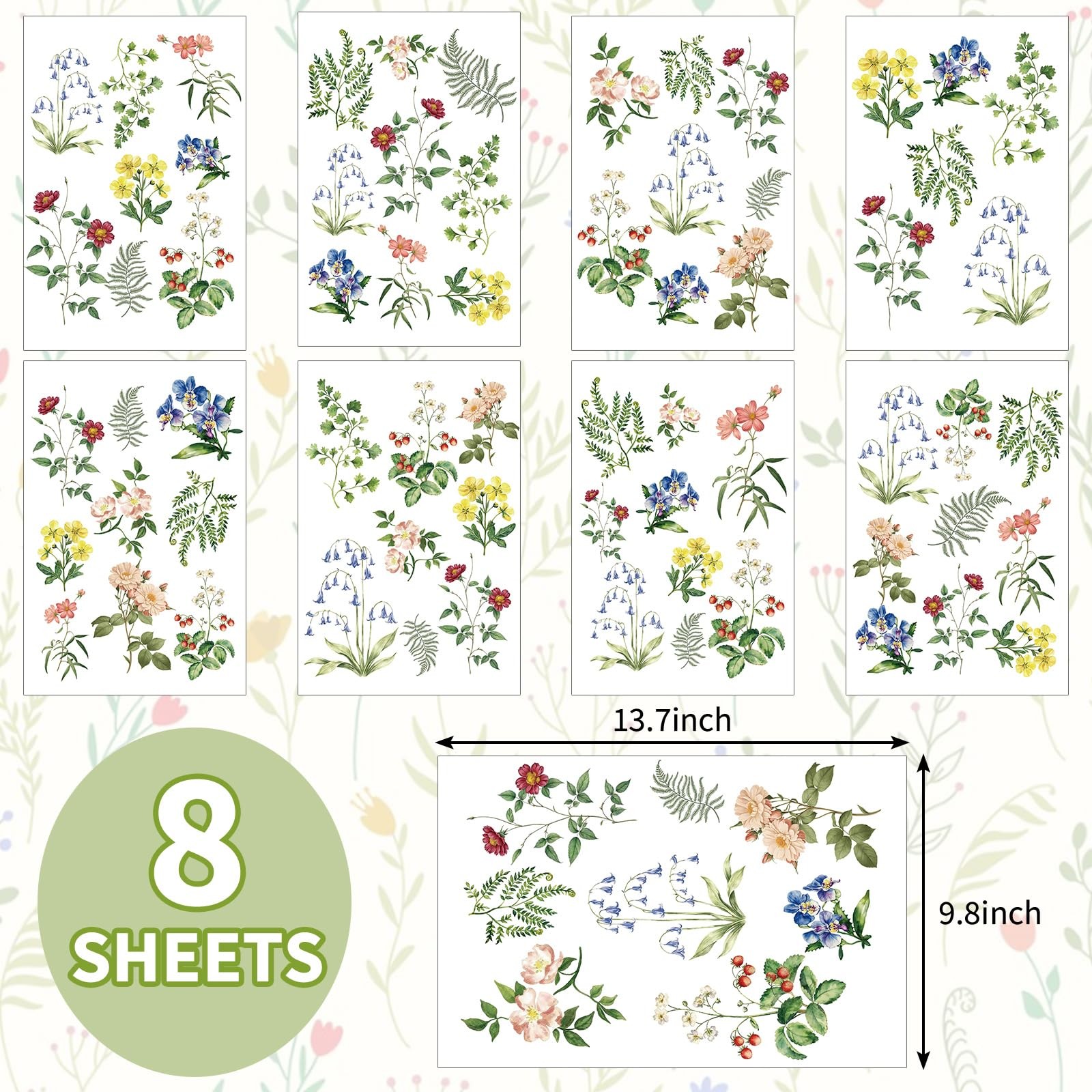 8 Sheets Spring Wall Stickers Vintage Floral Flower Wall Decals for Home Nurs…