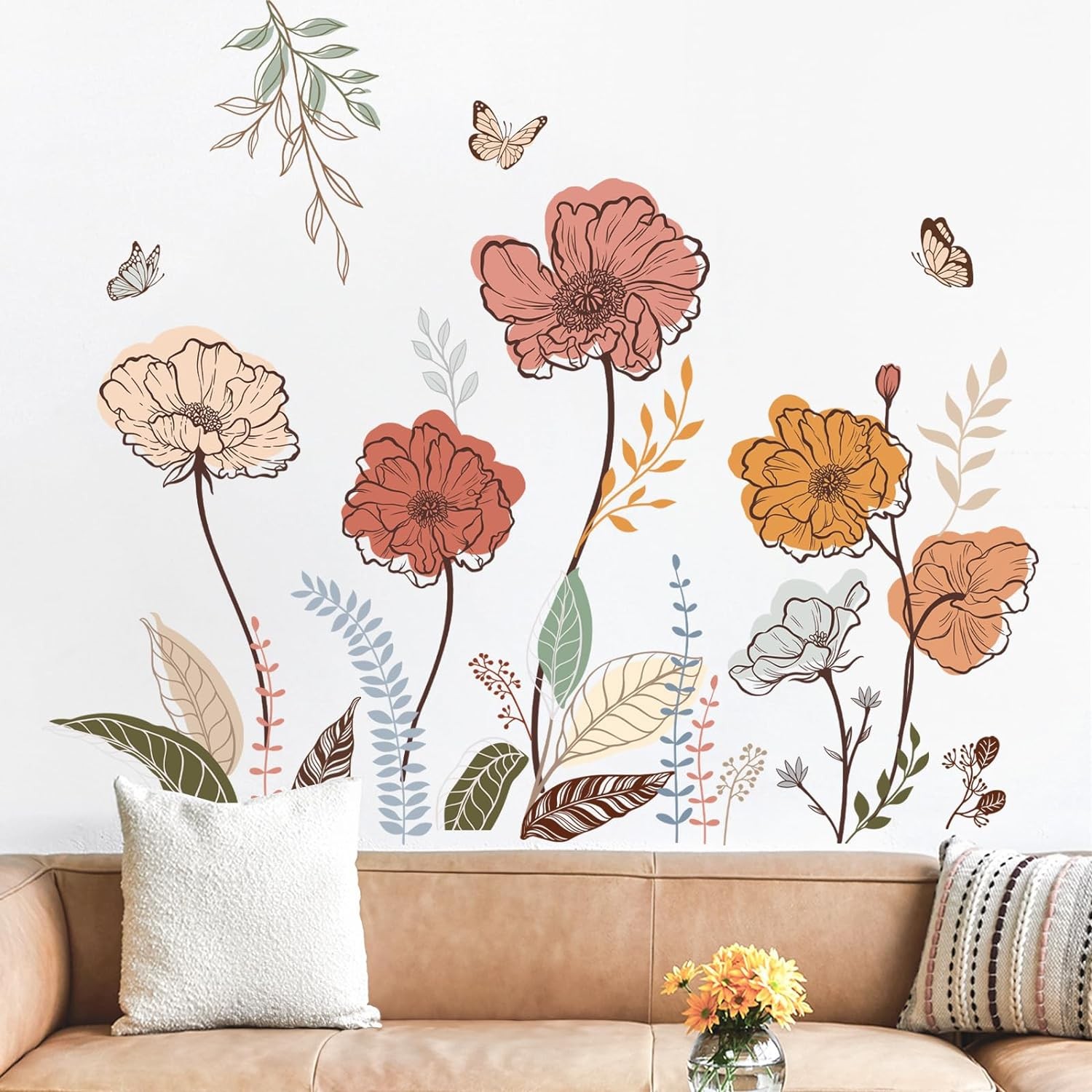 wondever Boho Flower Wall Stickers Wildflower Floral Grass Peel and Multi