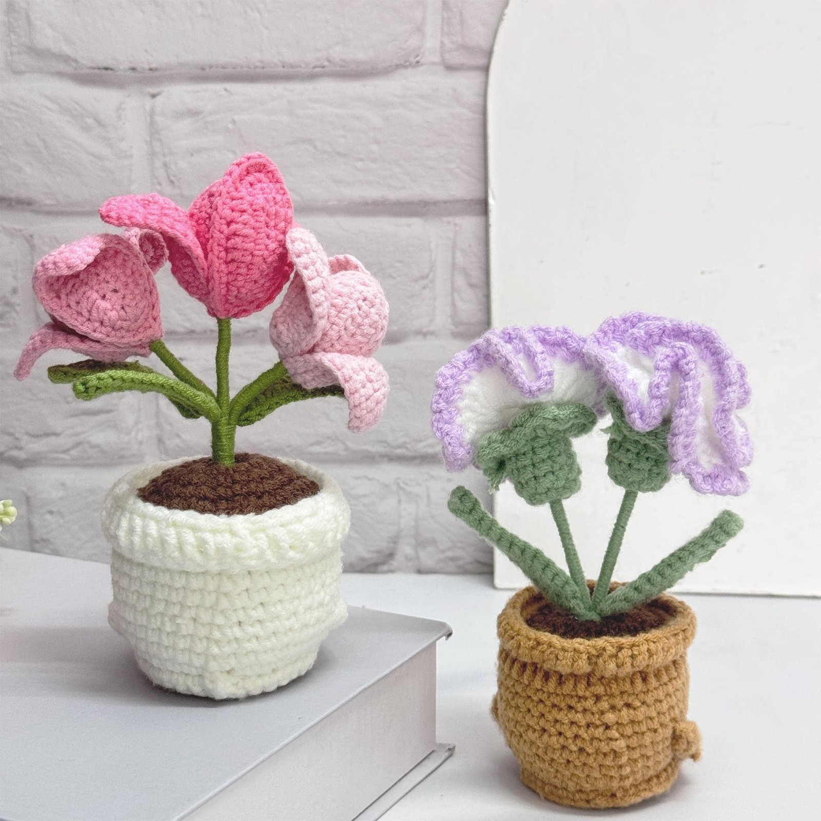 Crochet Tulip Carnation in Pot, Handmade Flower Desk Decor Gift