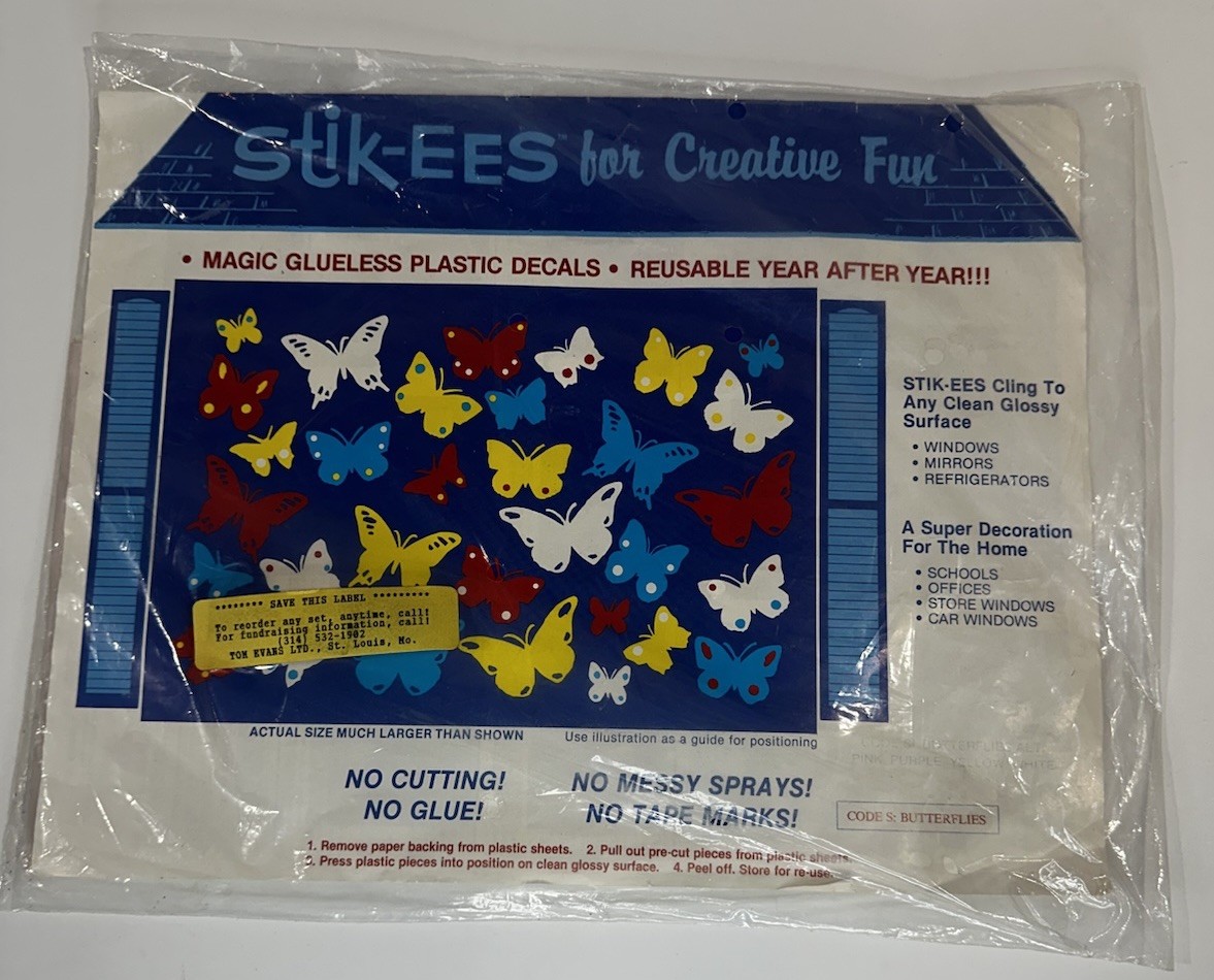 Vintage Stik-ees Creative Fun Magic Plastic Decals Code S Butterflies