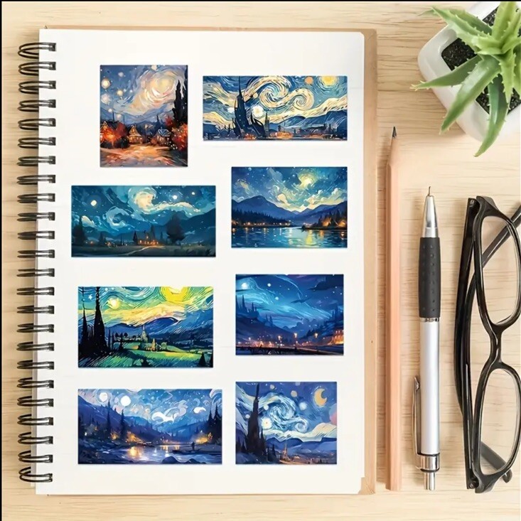 Van Gogh Starry Night Oil Painting Stickers 50pcs Crafts, Laptop, Scrapbooking