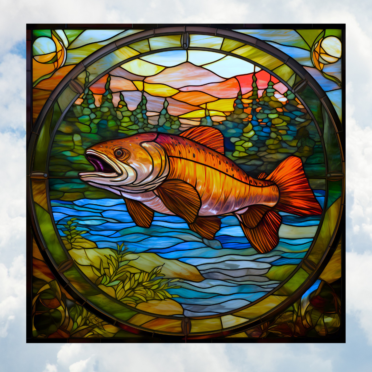 Trout Faux Stained-Glass WINDOW CLING Size 8″ Repositionable Vinyl