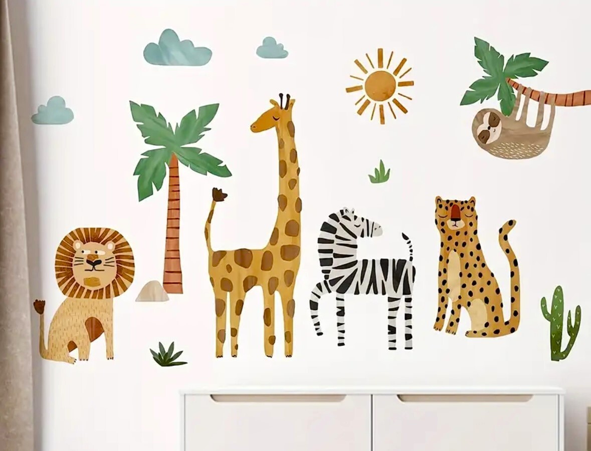 Fun Jungle Safari Animals Giraffe Lion Cheetah Zebra Sloth Reusable Wall Decals