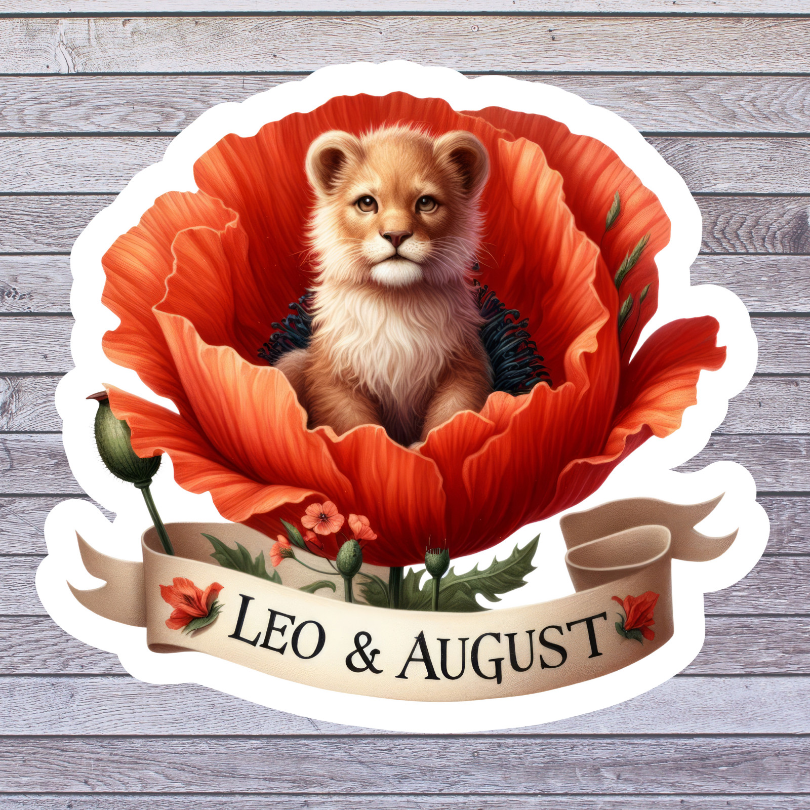 Leo sticker vinyl decal lion cub poppy flower zodiac august celestial art