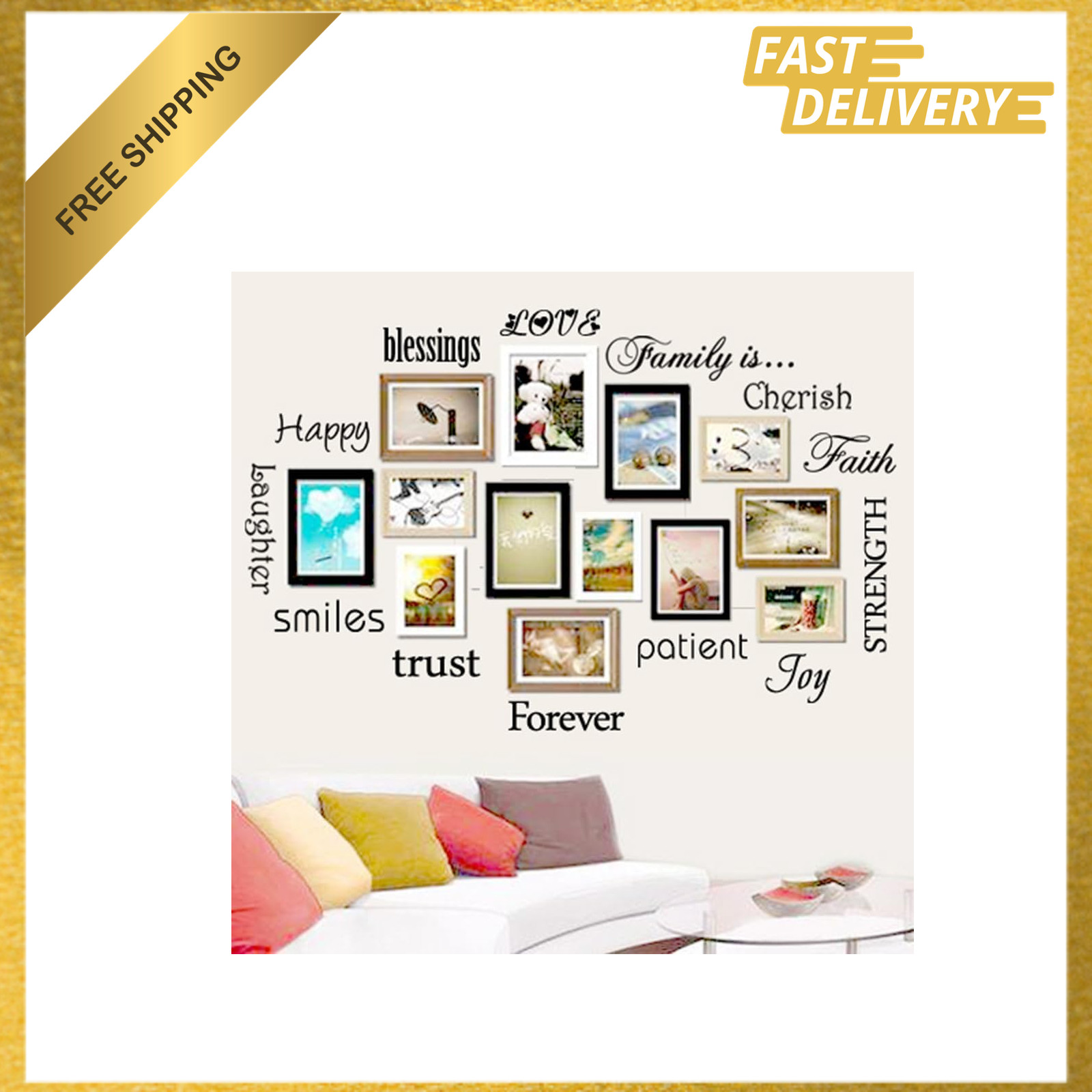 Family Quote Words Vinyl Wall Decals Set of 12 Home Room Art Decorations Black