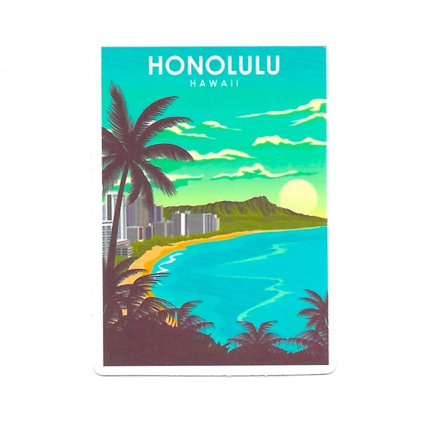 Honolulu Hawaii Vinyl Sticker Waikiki Beach Diamond Head Retro Travel Art