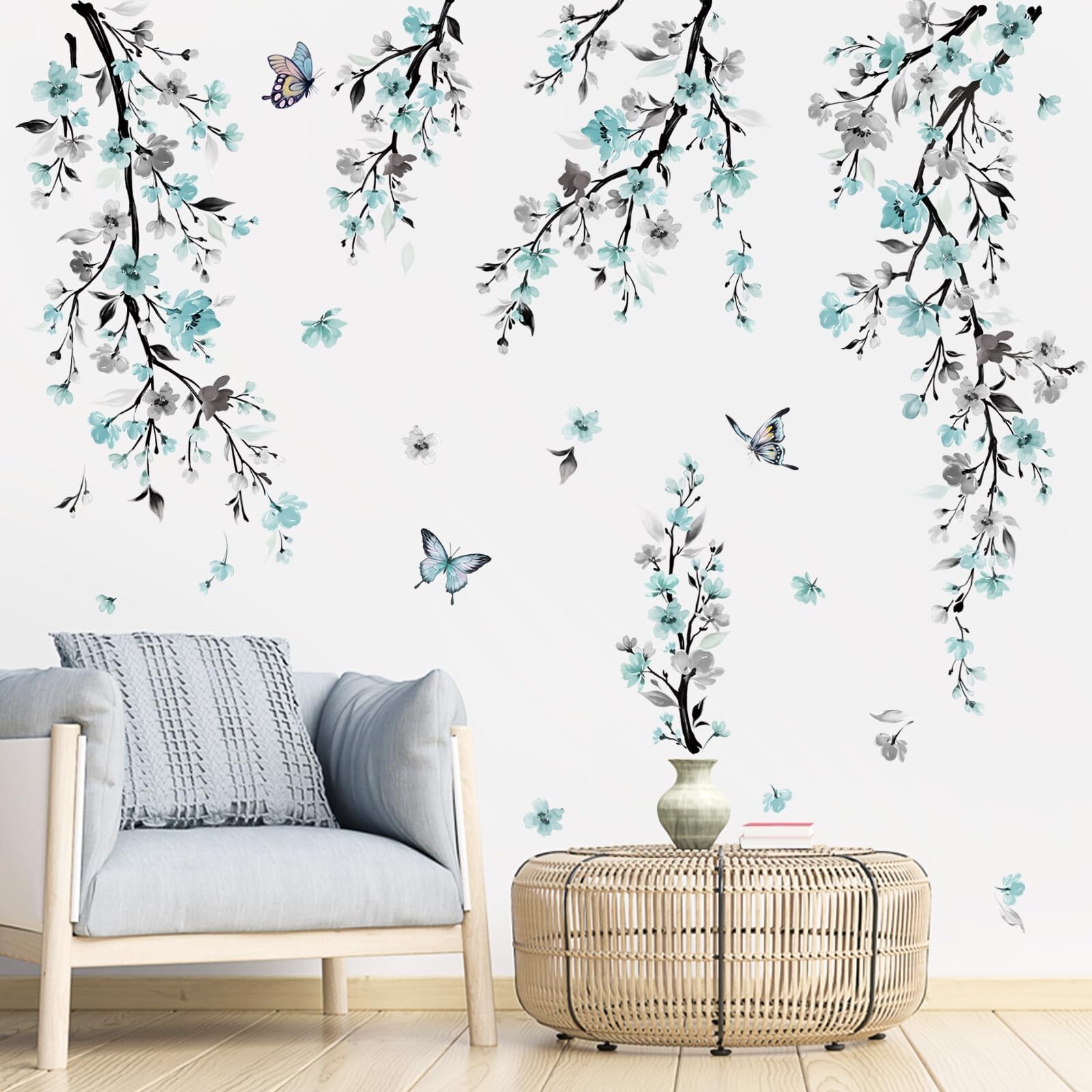 wondever Watercolor Flower Vine Wall Stickers Blue Hanging Floral Tree Branch…