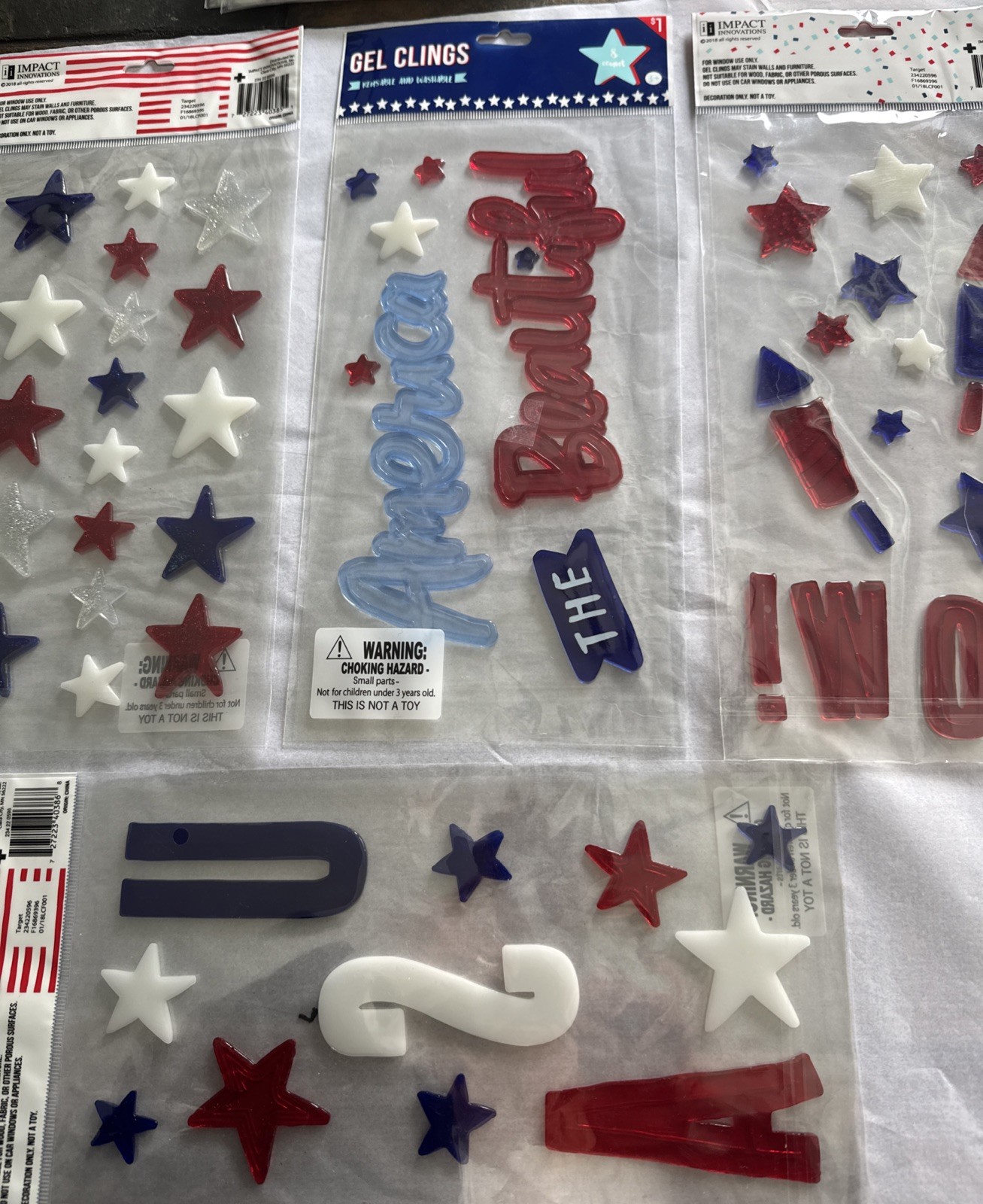 NEW*1 Each Of 4 Different 4th of July Independence Day Gel Window Clings 4 TOTAL