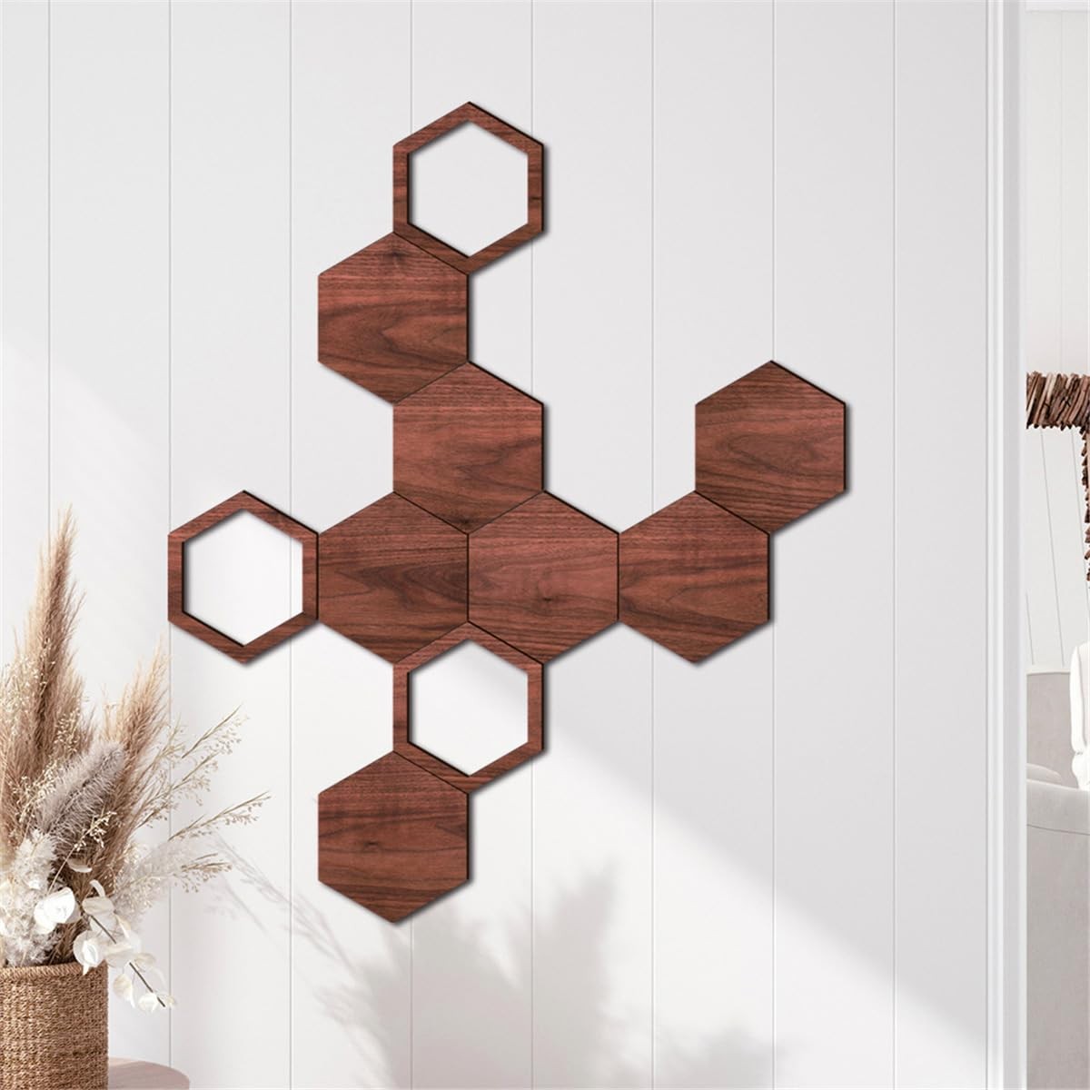 Wooden Hexagon Wall Stickers, 10 PCS Removable Hexagonal Wall Stickers, 3D He…