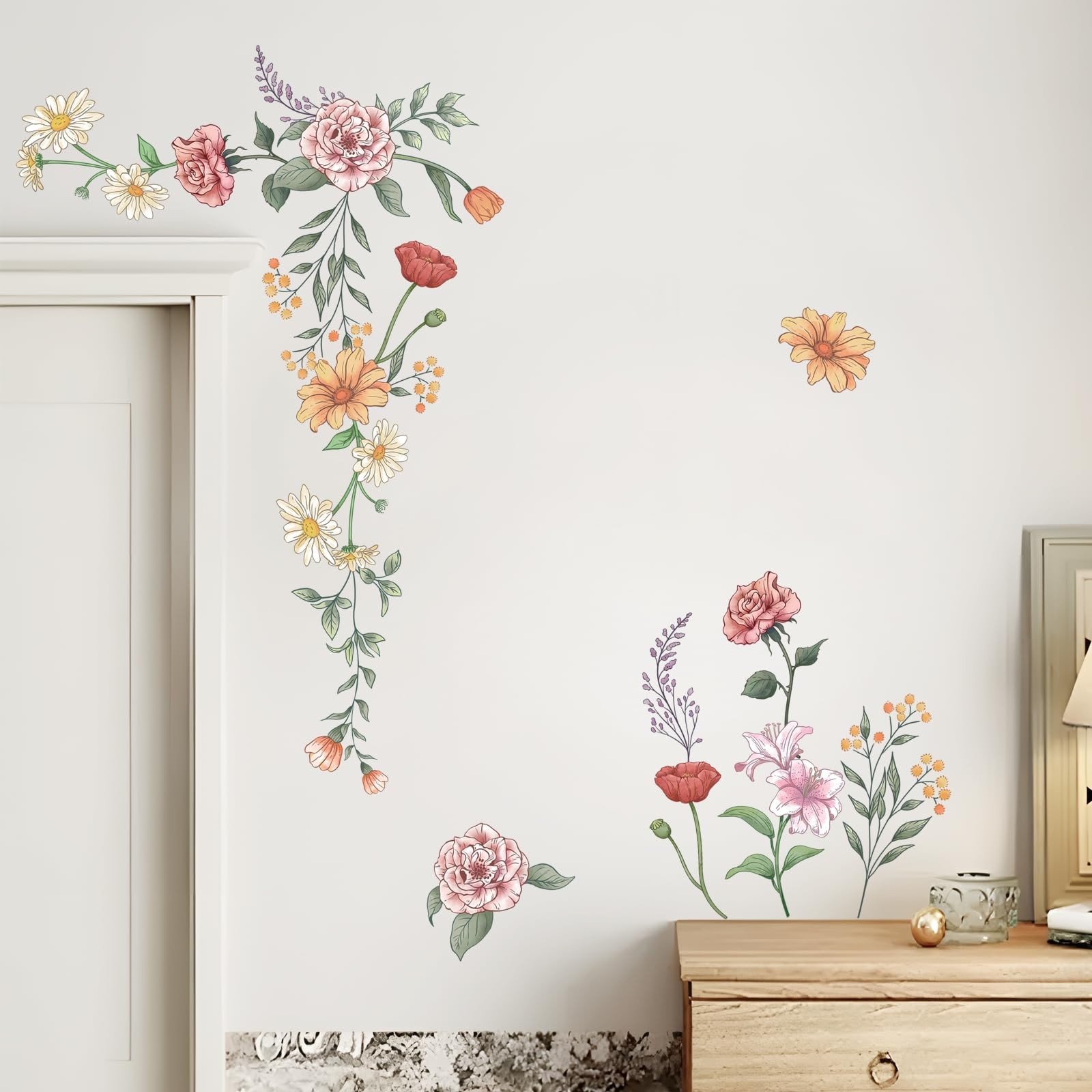 Retro Colorful Wildflower Wall Stickers, 15 Sheets Garden