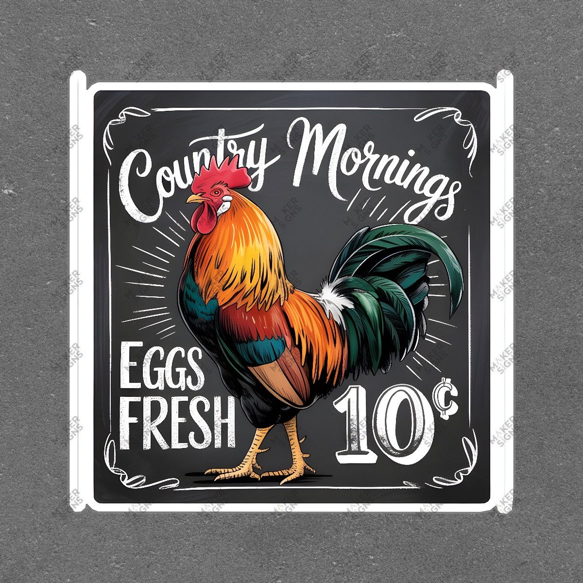 Vintage Farmhouse Rooster Sign Country Mornings Eggs Fresh 10¢ #8192