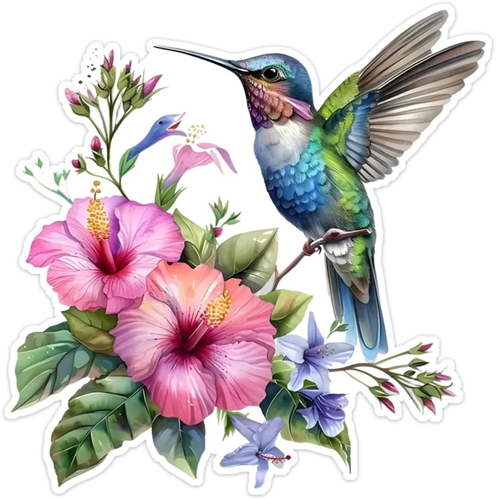 2Pcs Hummingbird and Floral Car Decal, Cartoon Bird Decorative Sticker, Suitable