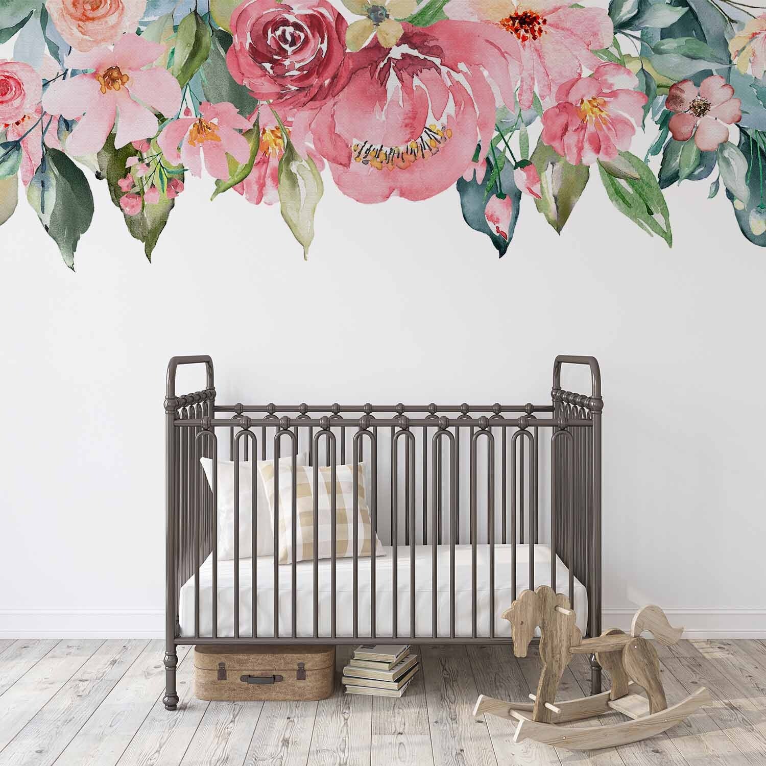 Peach Pink Rose Garden Fabric Self-adhesive Wall Sticker for Bedroom 94.5″ x 31″