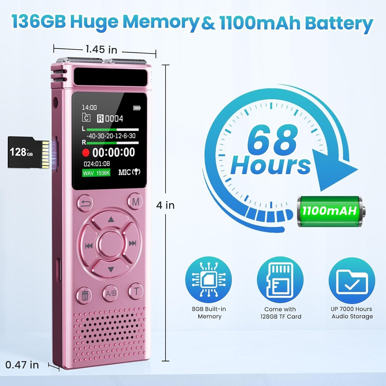136GB Digital Voice Recorder – 9000 Hours, Voice Activated, Noise Reduction, A-B