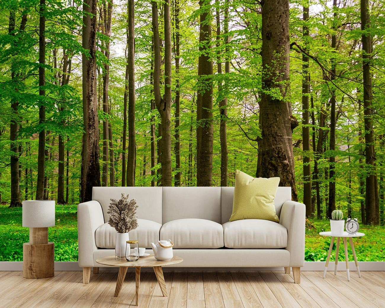 Green Forest Tree Fabric Wallpaper Mural for Living Room & Bedroom 137″x96