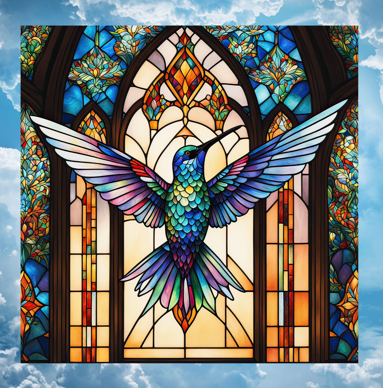Hummingbird Faux Stained Glass WINDOW CLING Church Glass Arches ~ Size 8″ Vinyl