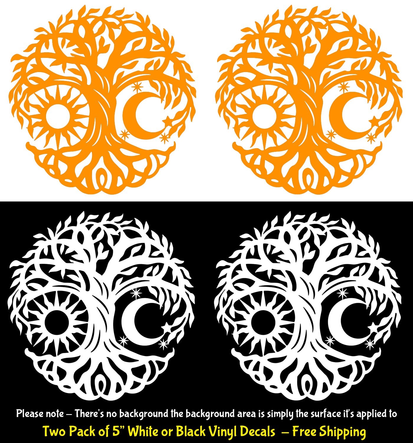 Sun Moon Tree of Life Two Pack 5″ Vinyl Decals Vehicle Window Any Flat Surface