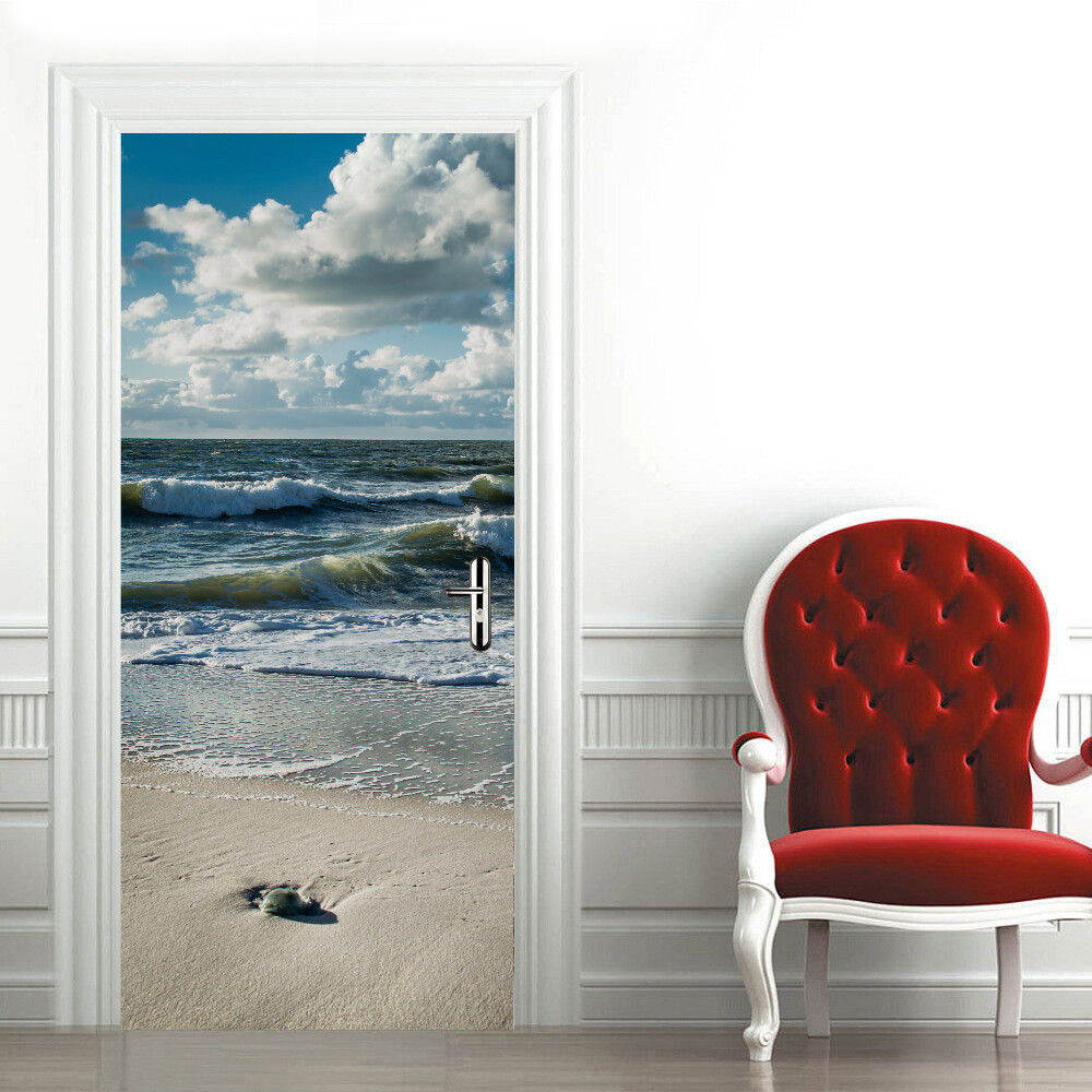 3D Wall Art Clouds Sky Seawaves Door Sticker PVC Decal Self-adhesive Wrap Murals