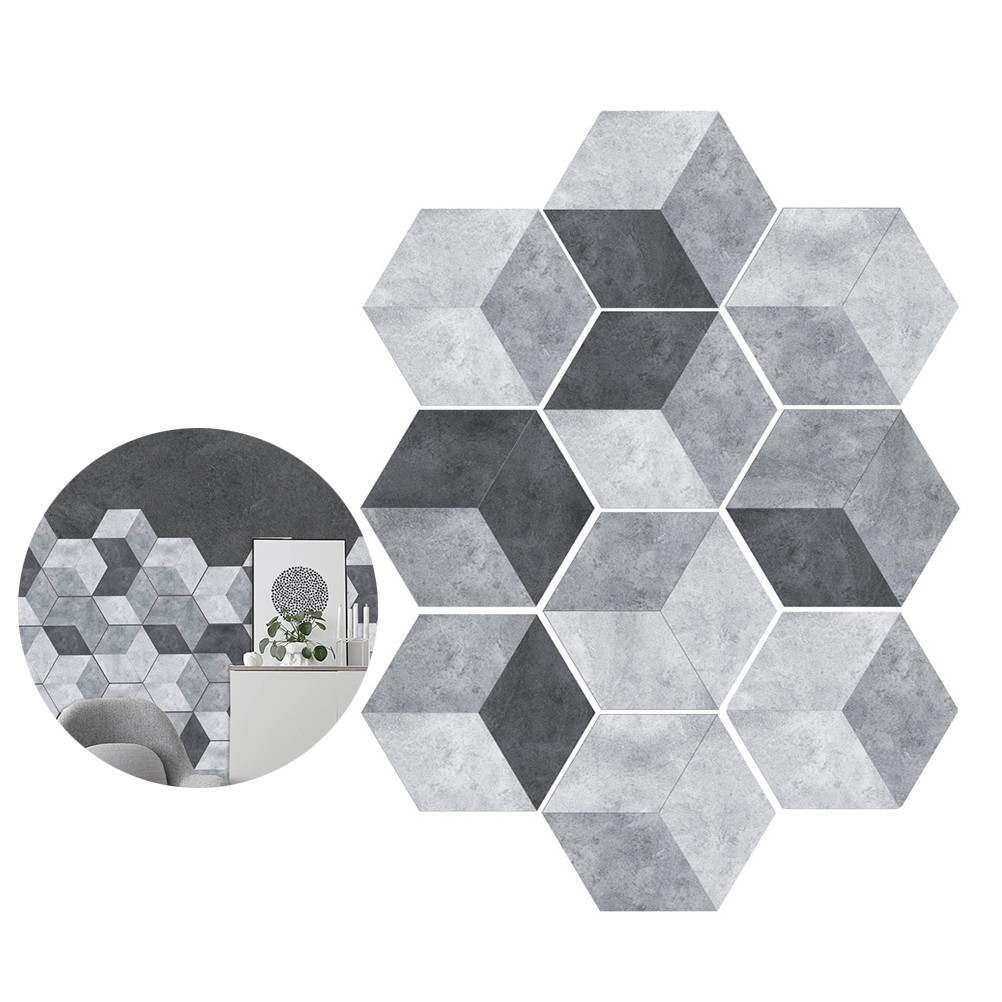 10 Pcs PVC Cement Style Anti Floor Stickers Hexagonal Shape Tiles