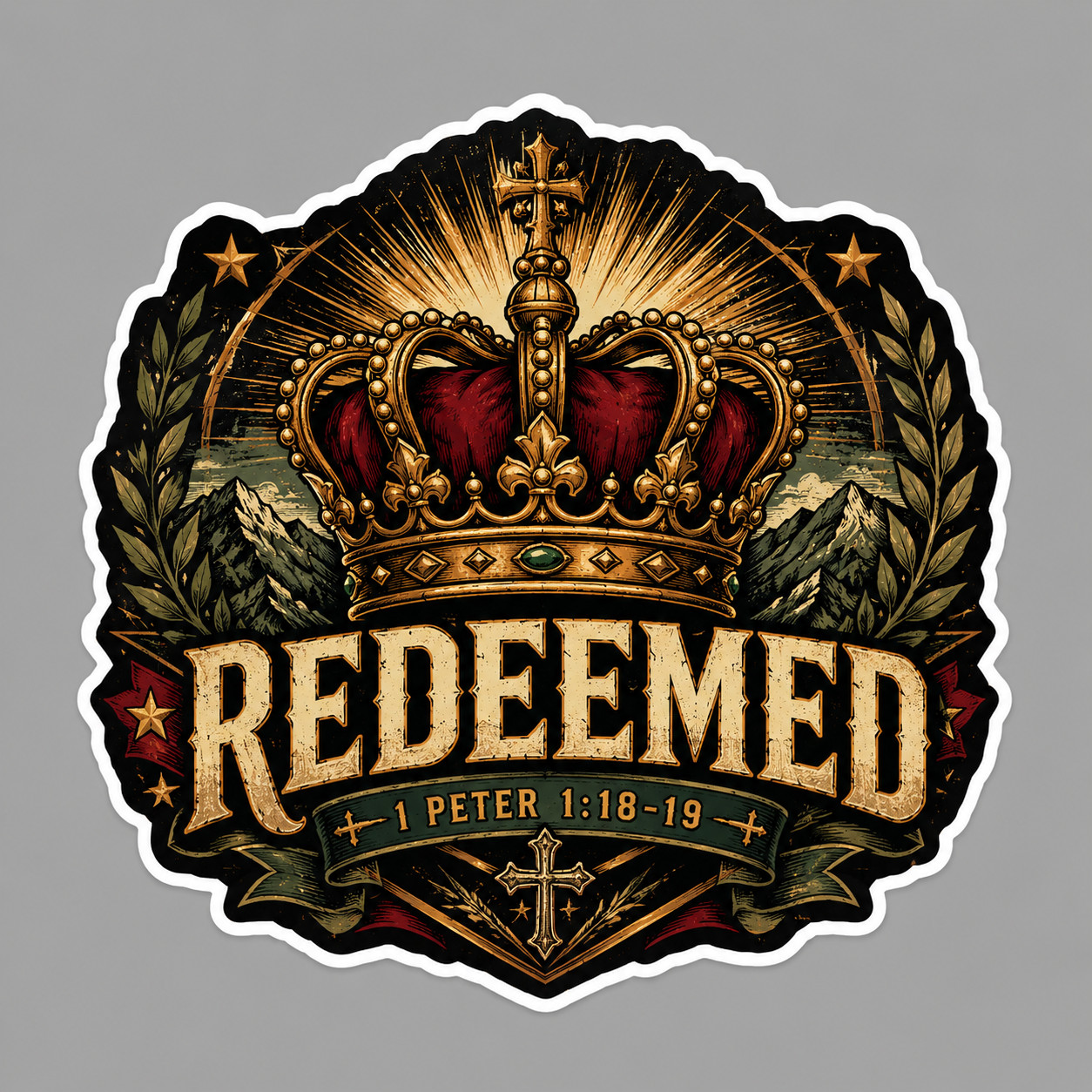 Christian Sticker Vinyl Decal Redeemed 1 Peter 1:18-19 Crown Cross Bible Gift