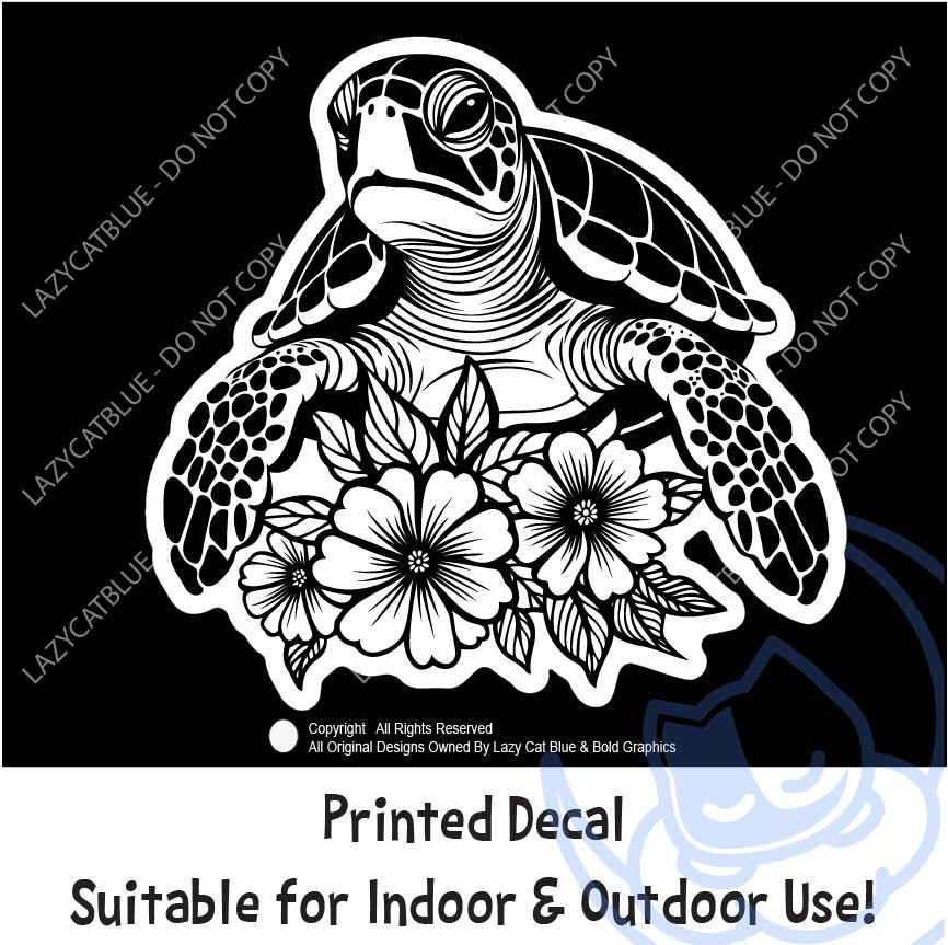 Sea Turtle & Hibiscus Decal Sticker Ocean Wildlife Life Beach Tropical Hawaii