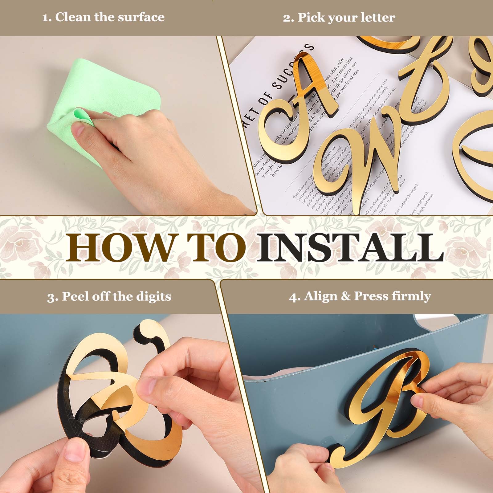 3D Acrylic Letter H 5.5 Inch Home Sticker Mirror, Light Gold