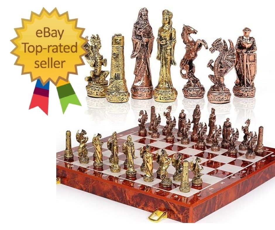 Vintage Figurine Metal Chess Set for Adults and Kids – 15» Wooden Board with…