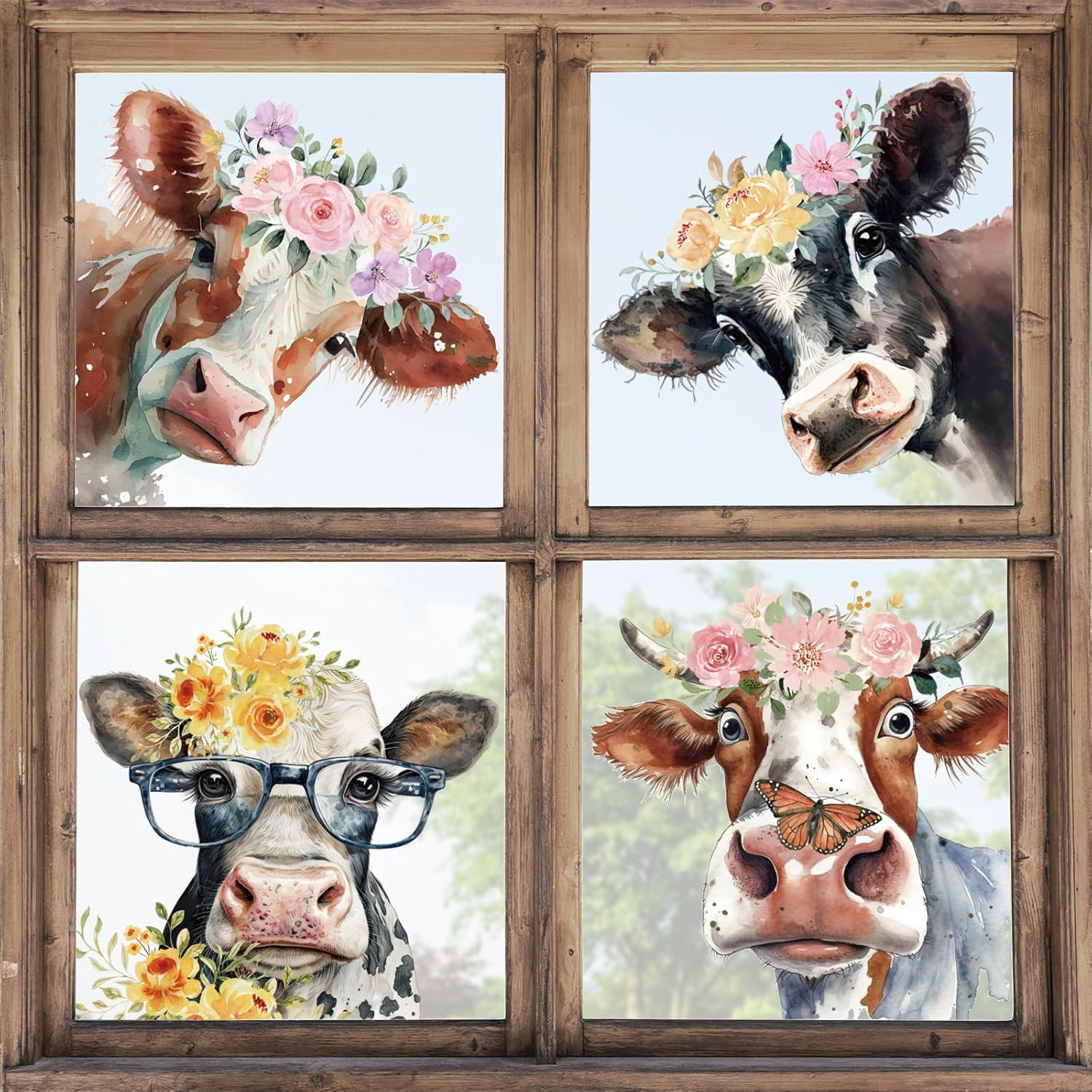 Floral Cow Window Clings Cute Cow Window Stickers Double-Side Glass Decals for P