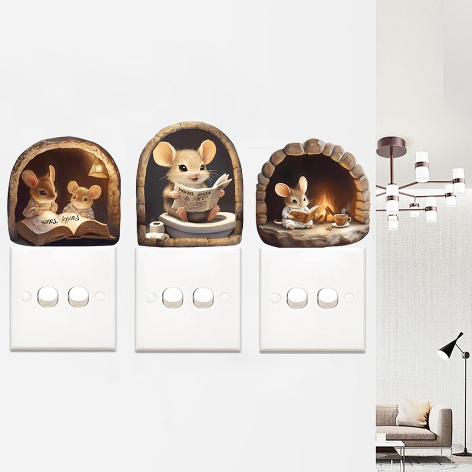 3PCS 3D Mouse Hole Wall Decals Peel and Stick – Cute Cartoon Mice Reading and Re