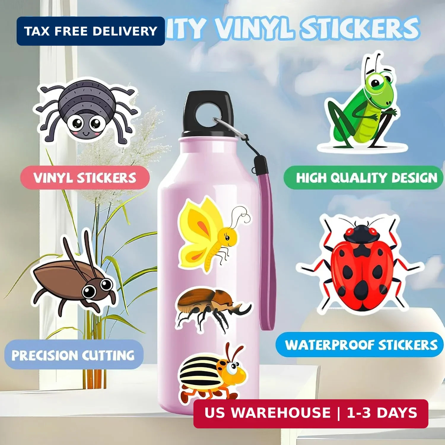 102 PCS Bugs Stickers for Kids, Spring Summer Waterproof Vinyl Sticker Pack, Nat