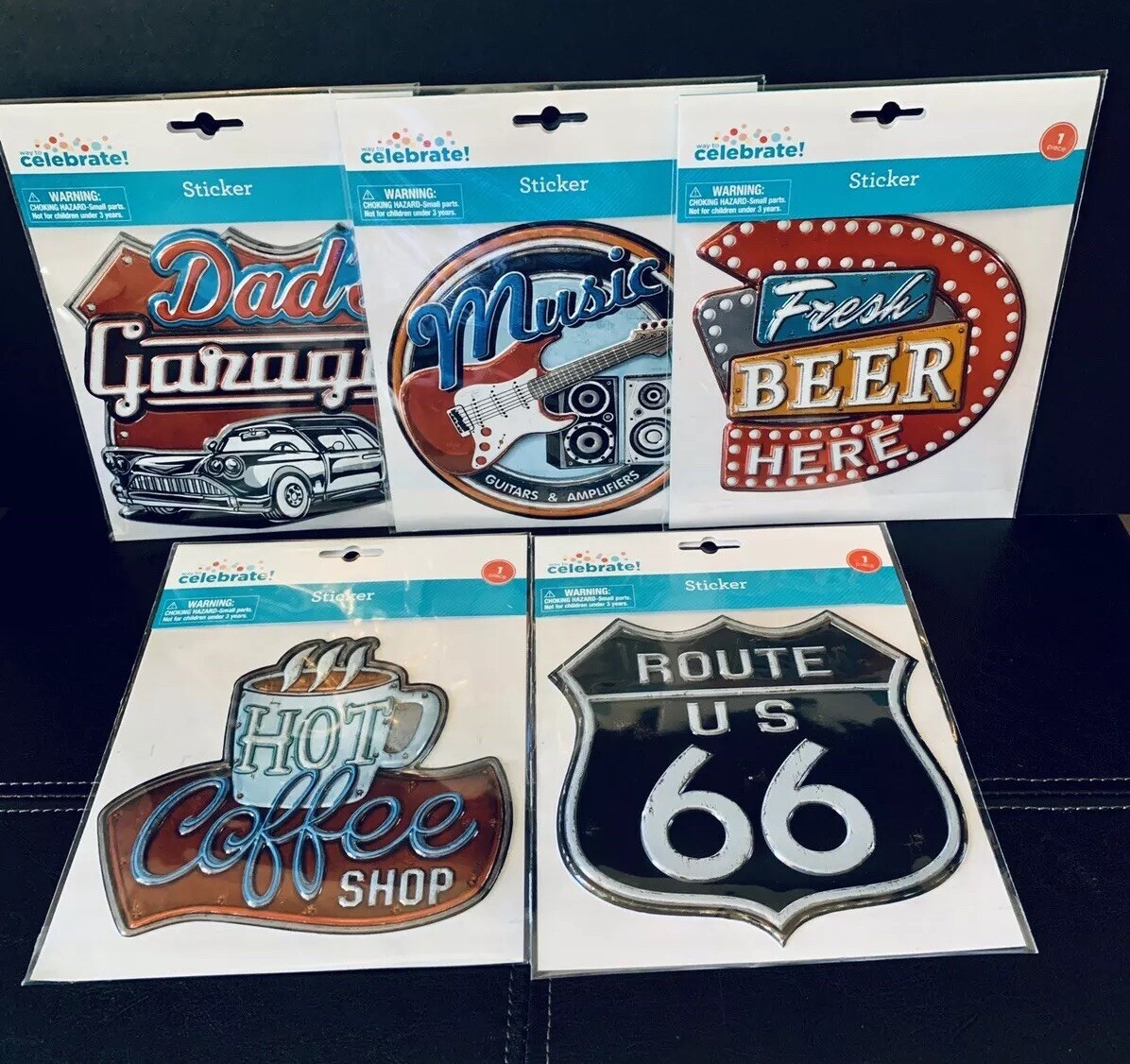 5 Pk Celebrate 3D Wall Sticker Shaped, Coffee,Beer,Music,66,Dad’s Garage. NEW