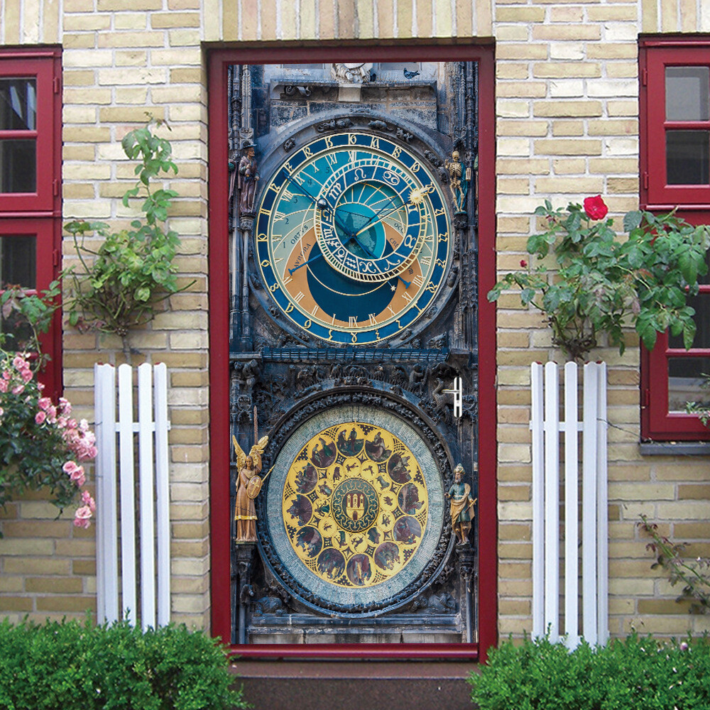 3D Wall Art Retro Ancient Clock Door Sticker PVC Decal Self-adhesive Wrap Mural
