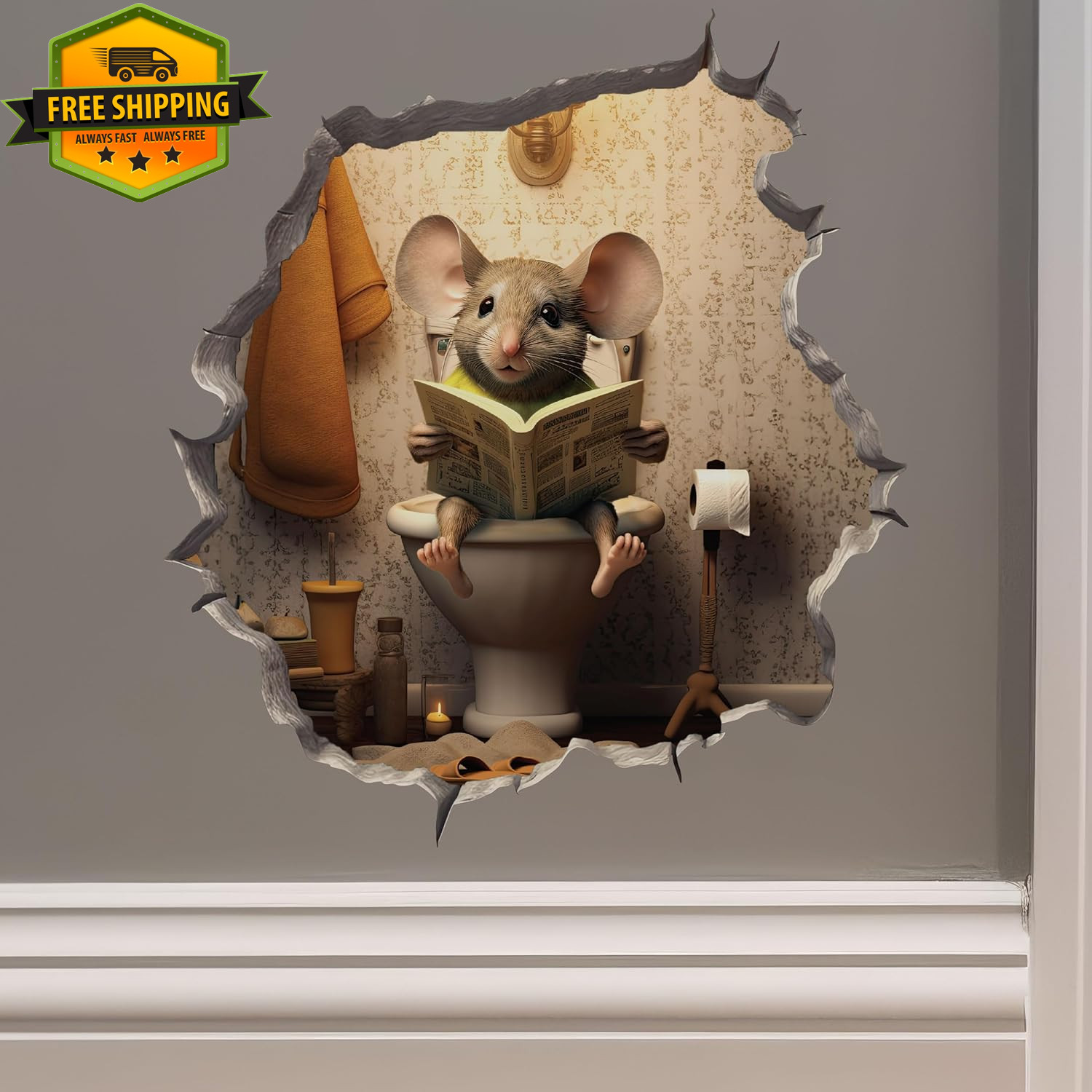 Funny Mouse Toilet Wall Sticker 3D Effect Bathroom Decal Potty Humor