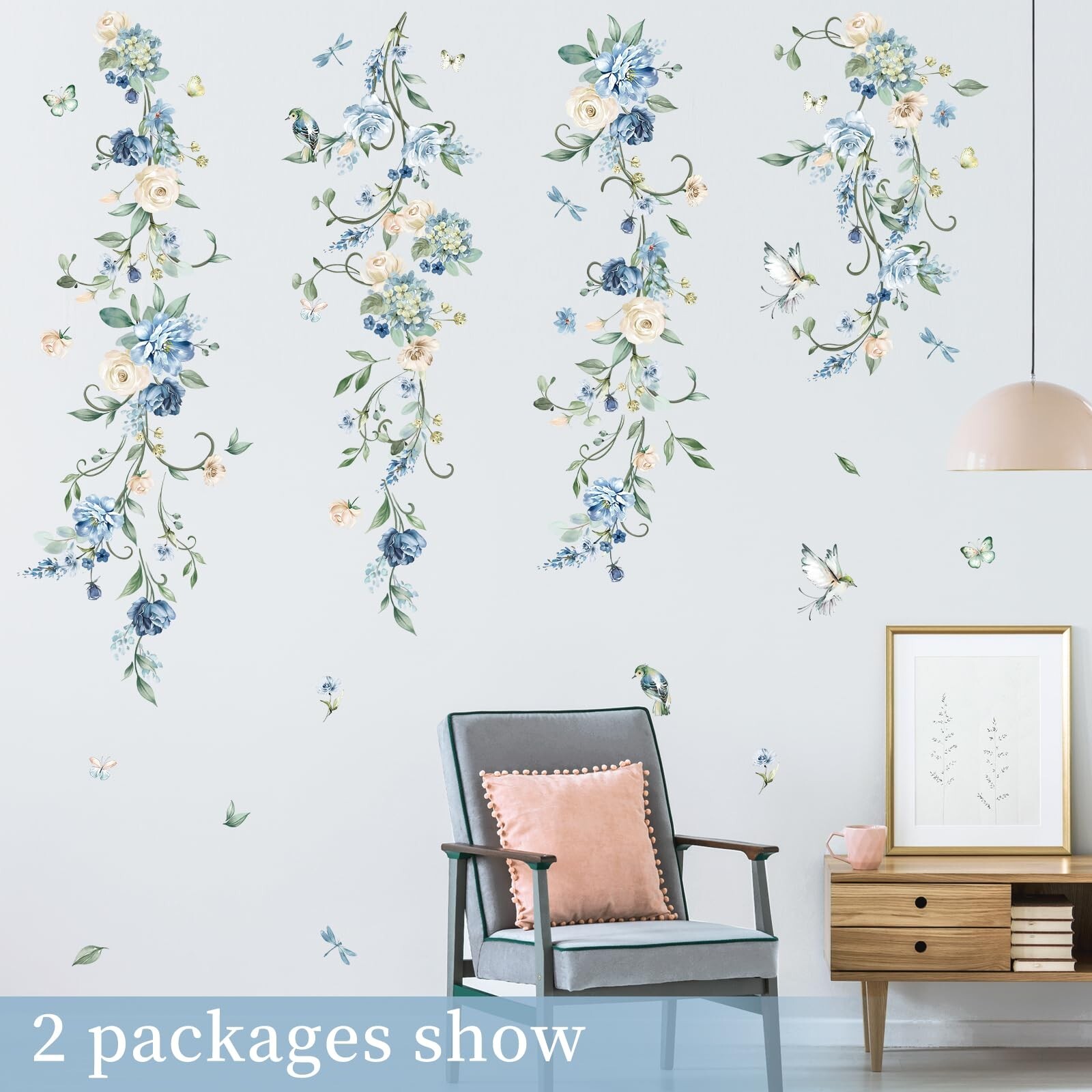 wondever Flower Vines Wall Stickers Blue Rose Watercolor Floral Peel and Stic…